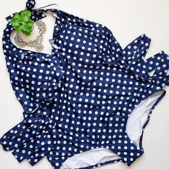 Modcloth The Reese One-Piece Swimsuit Halter Ruffle Polka Dot Navy Blue Size 3X - Picture 8 of 14